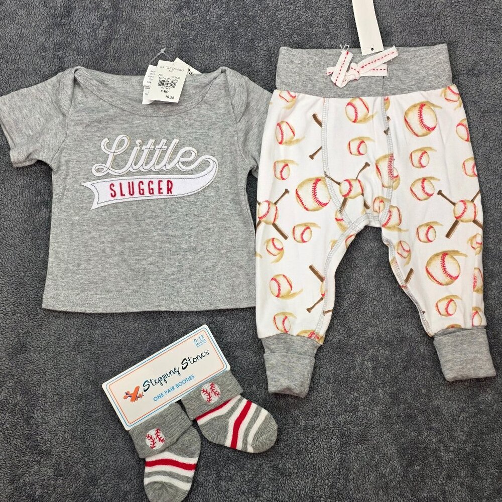 Baby Baseball Outfit Set 6M Little Slugger Shirt Pants Booties NWT